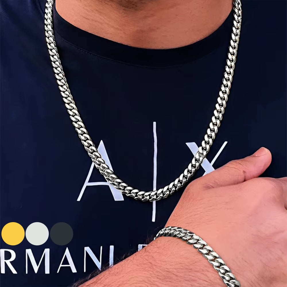 2Pcs Street Hip Hop Stainless Steel Cuban Chain Necklace Bracelet Set for Men Chunky Chain Set Male Punk Jewelry