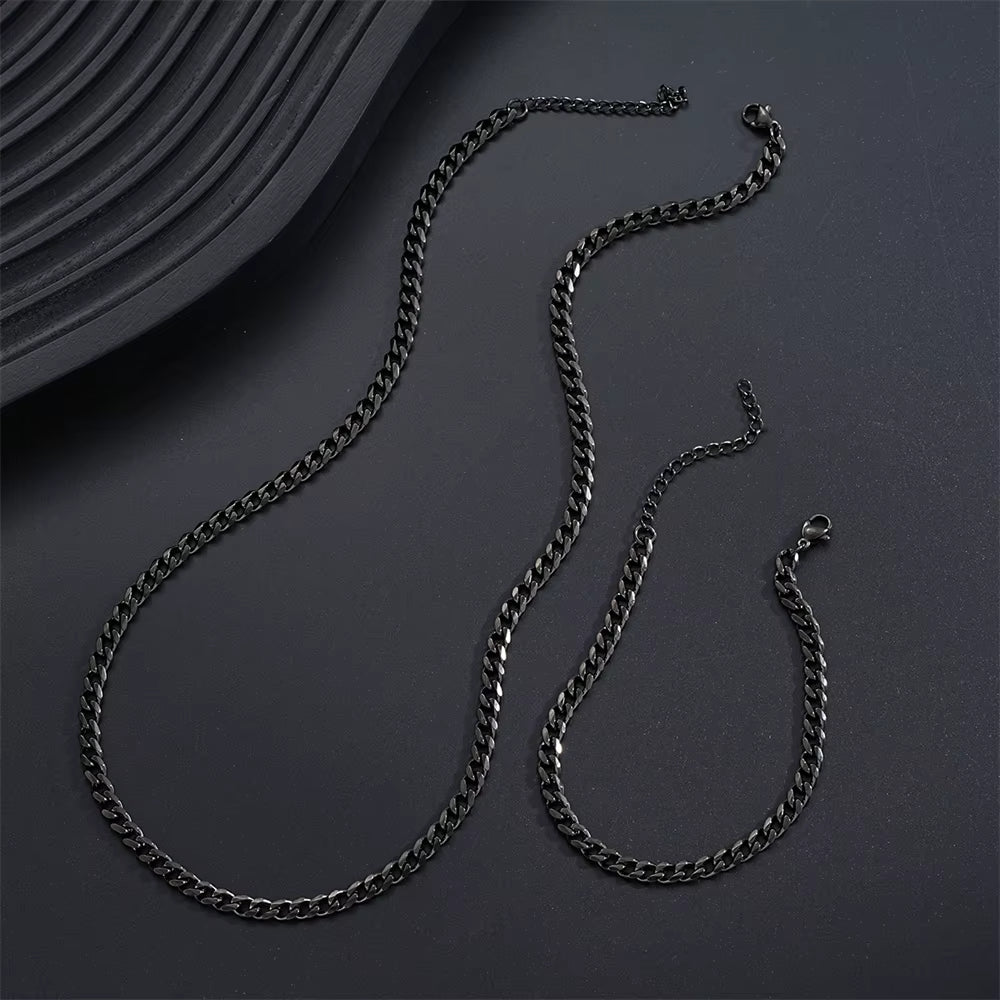 2Pcs Street Hip Hop Stainless Steel Cuban Chain Necklace Bracelet Set for Men Chunky Chain Set Male Punk Jewelry