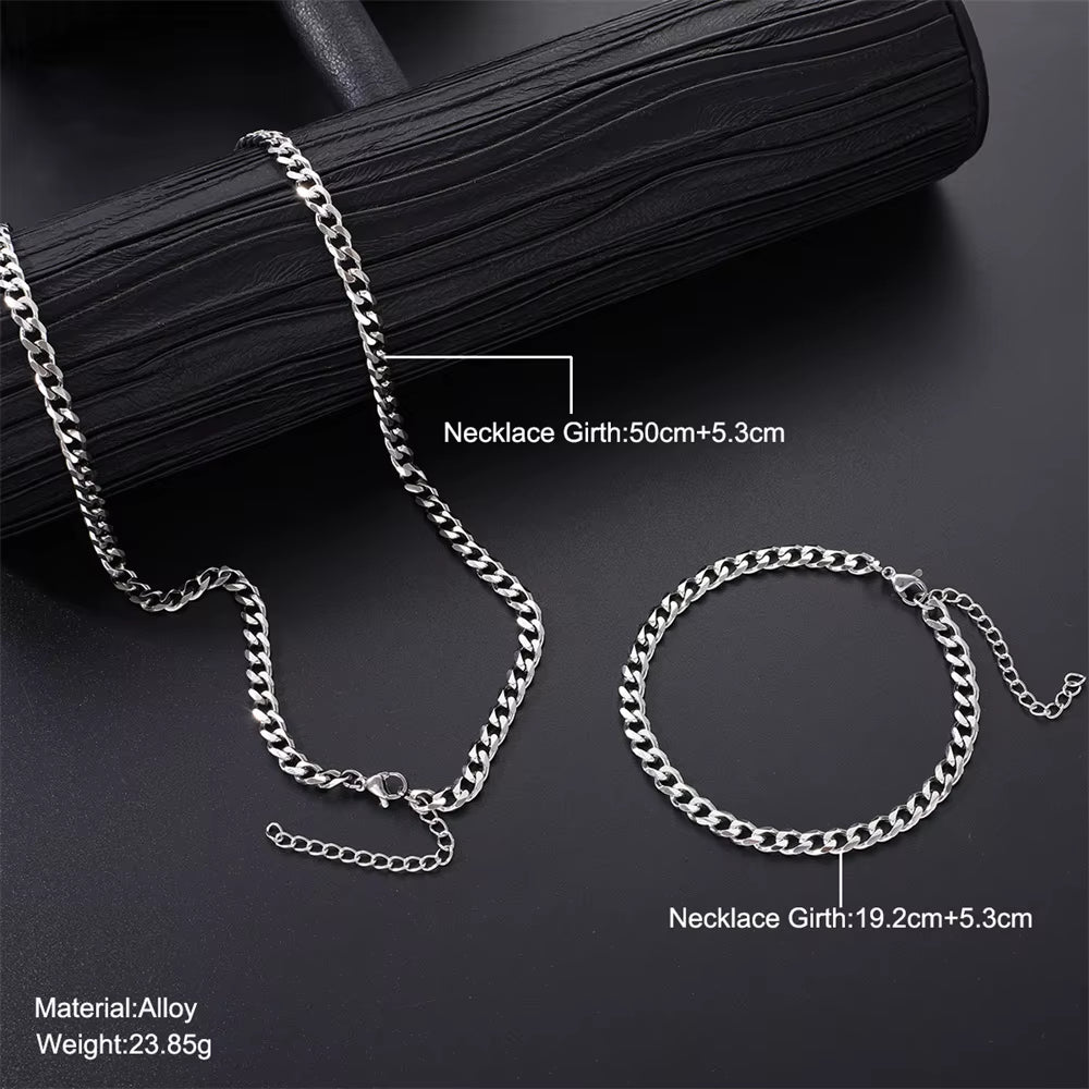 2Pcs Street Hip Hop Stainless Steel Cuban Chain Necklace Bracelet Set for Men Chunky Chain Set Male Punk Jewelry