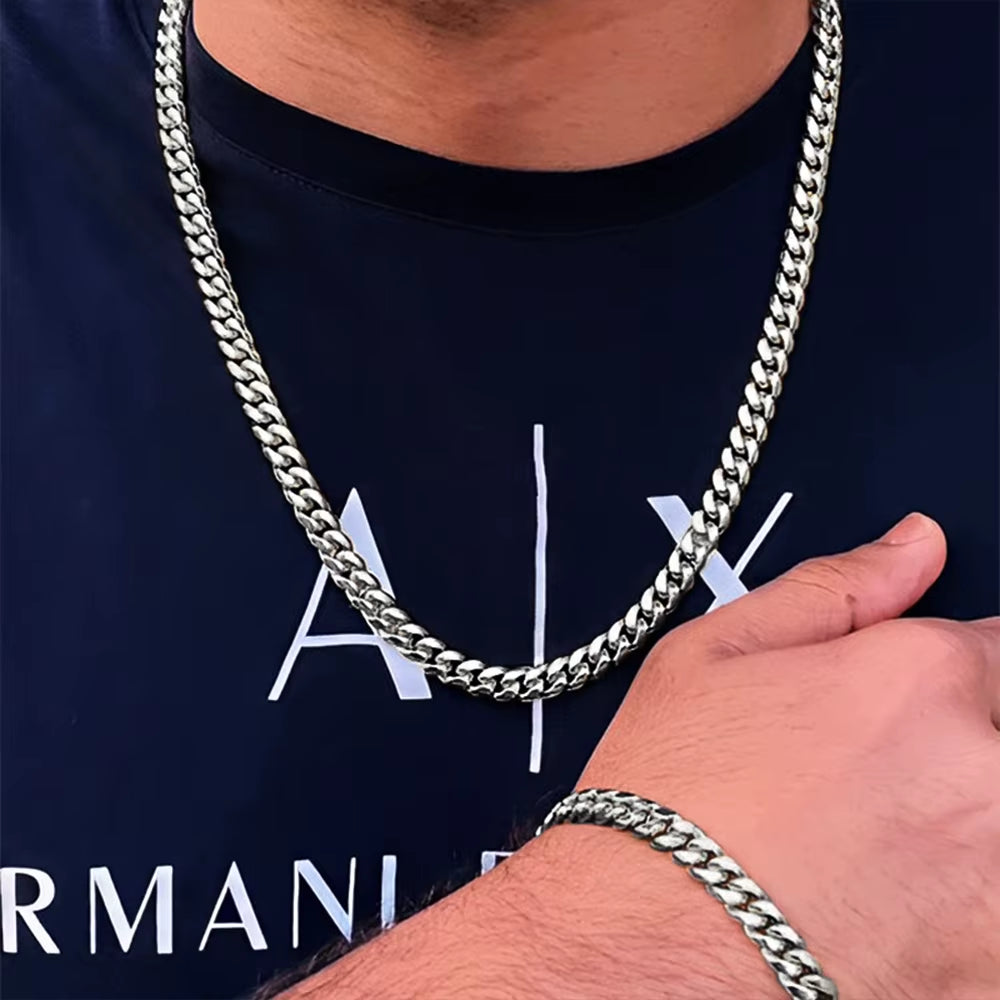 2Pcs Street Hip Hop Stainless Steel Cuban Chain Necklace Bracelet Set for Men Chunky Chain Set Male Punk Jewelry